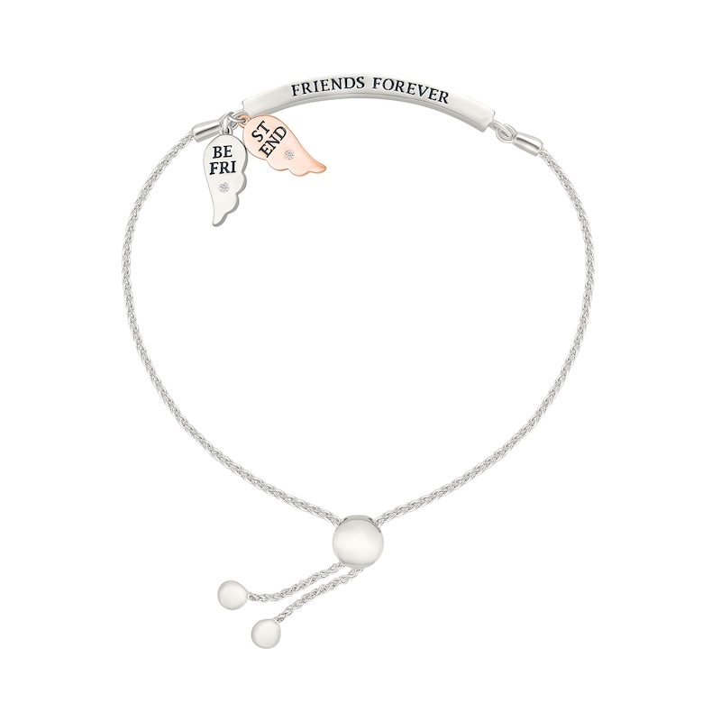 Main Image 2 of 1/10 CT. T.W. Diamond &quot;FRIENDS FOREVER&quot; Double Angel Wing Charm Bolo Bracelet in Sterling Silver and 10K Rose Gold