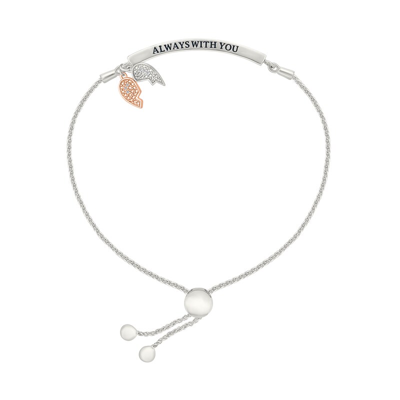 Main Image 2 of 1/10 CT. T.W. Diamond &quot;ALWAYS WITH YOU&quot; Double Angel Wing Charm Bolo Bracelet in Sterling Silver and 10K Rose Gold