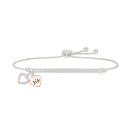 1/8 CT. T.W. Diamond &quot;SISTER&quot; Double Heart Charm Bolo Bracelet in Sterling Silver and 10K Rose Gold - 9.0&quot;