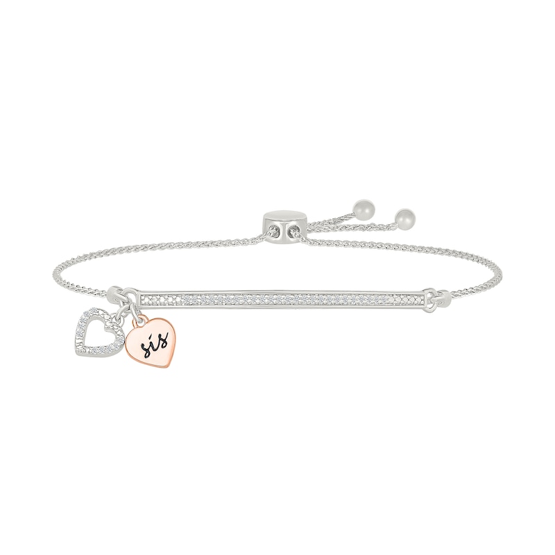 Main Image 1 of 1/8 CT. T.W. Diamond &quot;SISTER&quot; Double Heart Charm Bolo Bracelet in Sterling Silver and 10K Rose Gold - 9.0&quot;