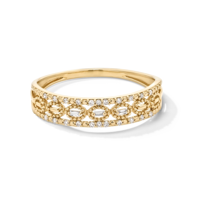 Main Image 1 of 1/15 CT. T.W. Baguette and Round Diamond Open Triple Row Stackable Anniversary Band in 10K Gold