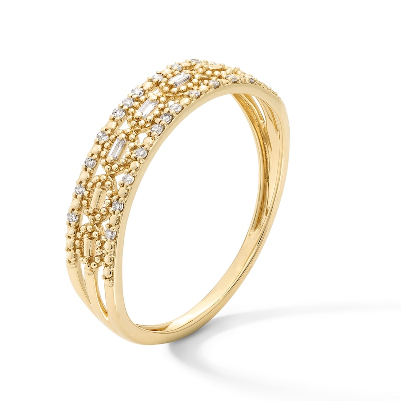 Main Image 2 of 1/15 CT. T.W. Baguette and Round Diamond Open Triple Row Stackable Anniversary Band in 10K Gold