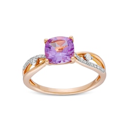 7.0mm Cushion-Cut Amethyst and 1/10 CT. T.W. Diamond Loop Shank Ring in 10K Rose Gold