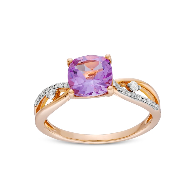 Main Image 1 of 7.0mm Cushion-Cut Amethyst and 1/10 CT. T.W. Diamond Loop Shank Ring in 10K Rose Gold