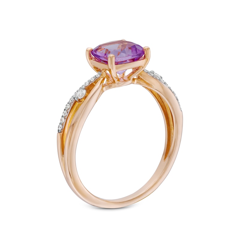 Main Image 3 of 7.0mm Cushion-Cut Amethyst and 1/10 CT. T.W. Diamond Loop Shank Ring in 10K Rose Gold