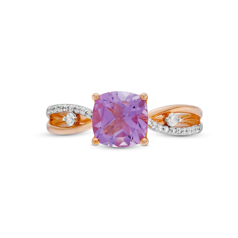 Main Image 4 of 7.0mm Cushion-Cut Amethyst and 1/10 CT. T.W. Diamond Loop Shank Ring in 10K Rose Gold