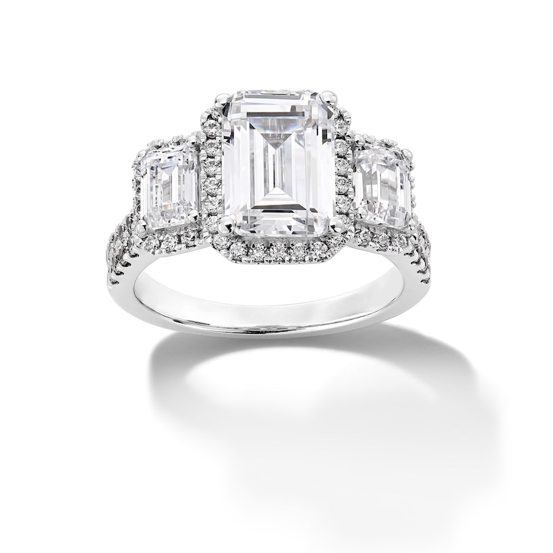 4-1/2 CT. T.W. Emerald-Cut Certified Lab-Created Diamond Frame Three Stone Engagement Ring in 14K White Gold (F/VS2)