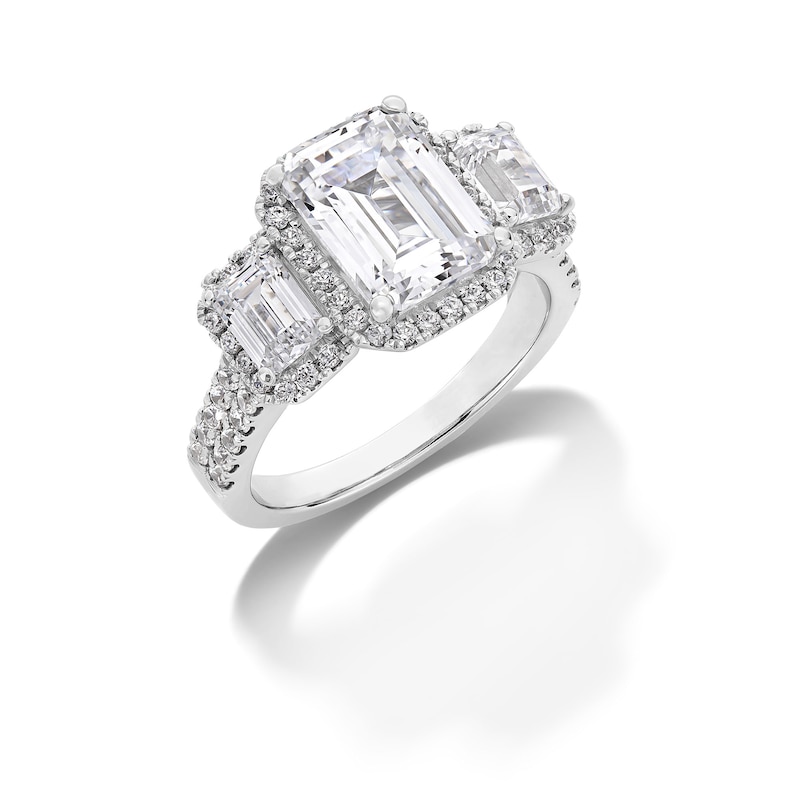 4-1/2 CT. T.W. Emerald-Cut Certified Lab-Created Diamond Frame Three Stone Engagement Ring in 14K White Gold (F/VS2)