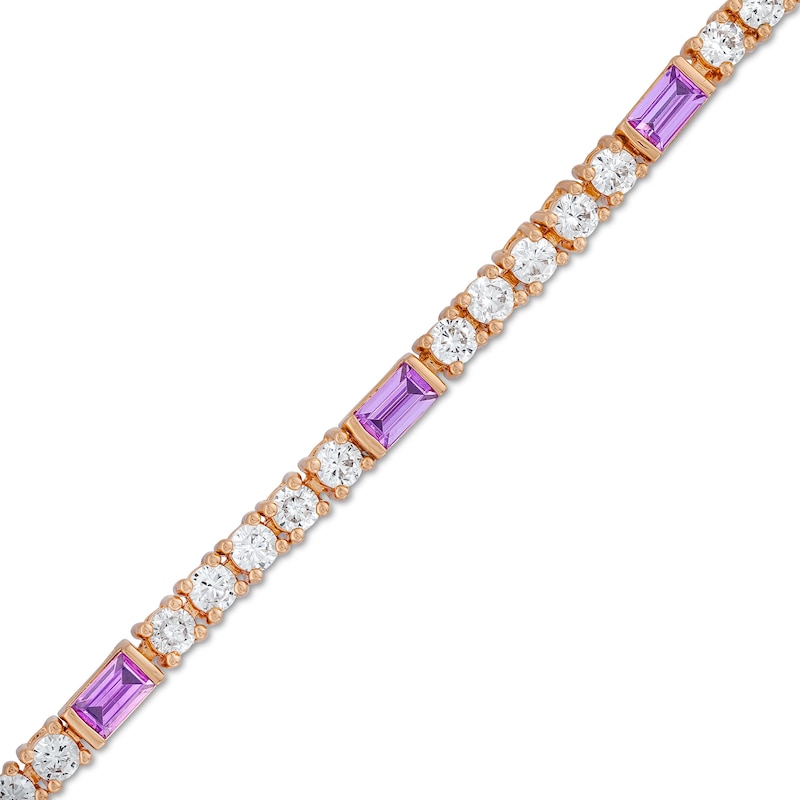 Main Image 1 of Baguette-Cut Amethyst and White Lab-Created Sapphire Alternating Bracelet in Sterling Silver with 18K Rose Gold Plate