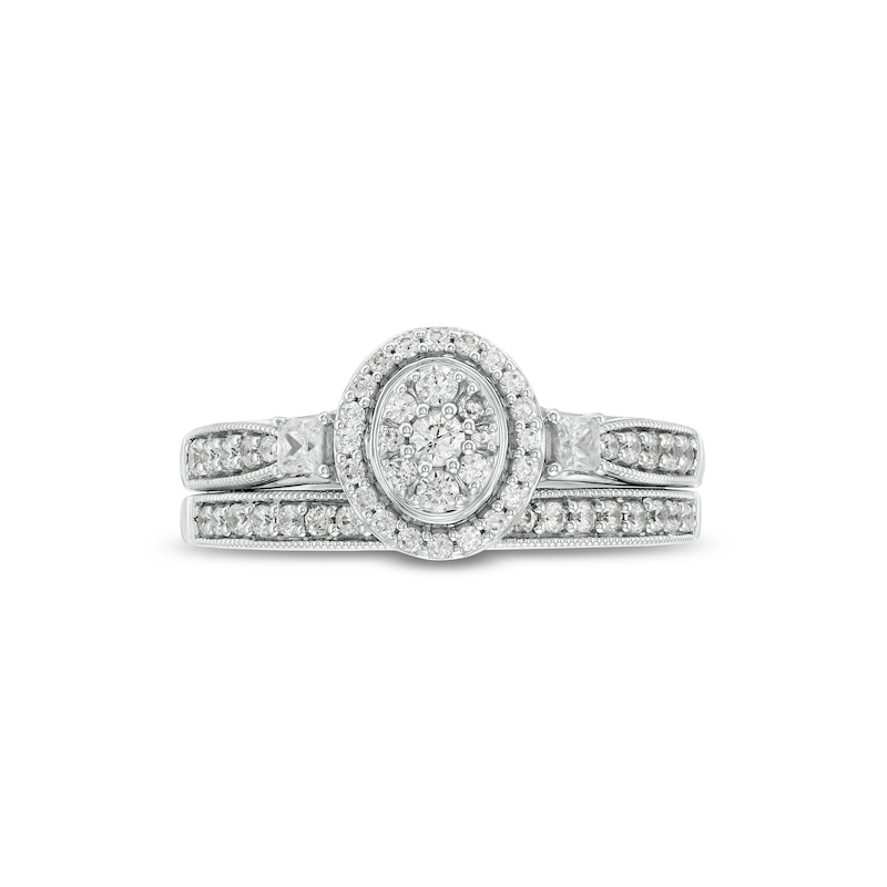 Main Image 4 of 1/2 CT. T.W. Oval-Shaped Multi-Diamond Frame Collar Vintage-Style Bridal Set in 10K White Gold