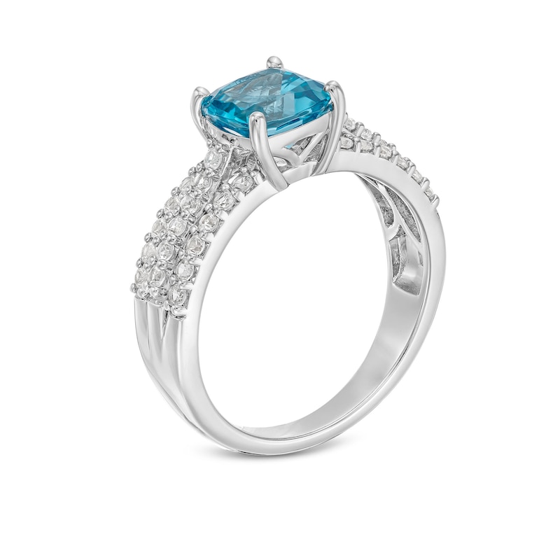 Main Image 3 of 7.0mm Cushion-Cut Swiss Blue Topaz and White Lab-Created Sapphire Triple Row Ring in Sterling Silver