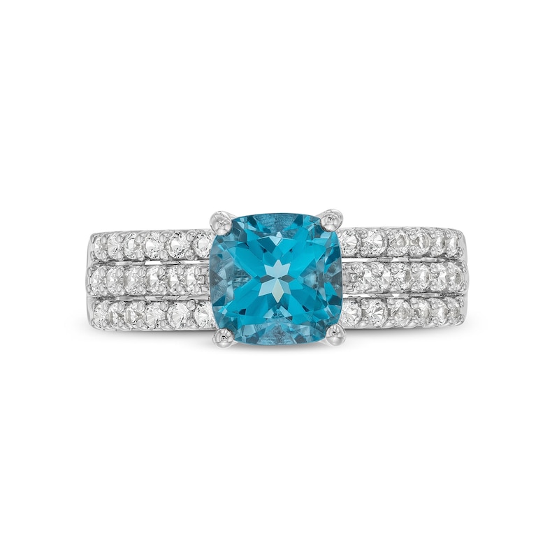 7.0mm Cushion-Cut Swiss Blue Topaz and White Lab-Created Sapphire Triple Row Ring in Sterling Silver