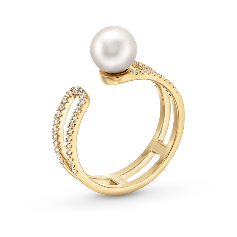 Main Image 3 of Freshwater Cultured Pearl and White Lab-Created Sapphire Open Loop Shank Ring in Sterling Silver with 18K Gold Plate