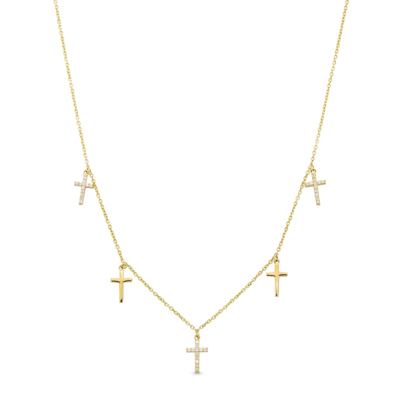 Main Image 1 of 1/10 CT. T.W. Diamond and Polished Alternating Cross Dangle Station Necklace in 10K Gold