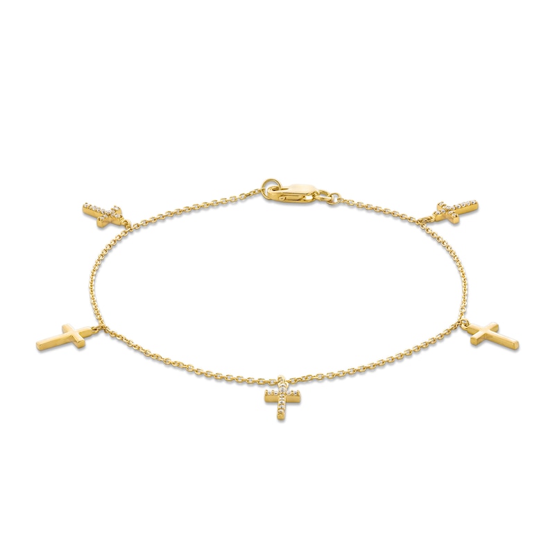 Main Image 1 of 1/10 CT. T.W. Diamond and Polished Alternating Cross Dangle Station Bracelet in 10K Gold