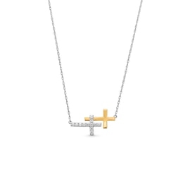 1/6 CT. T.W. Diamond and Polished Double Sideways Cross Necklace in 10K Two-Tone Gold