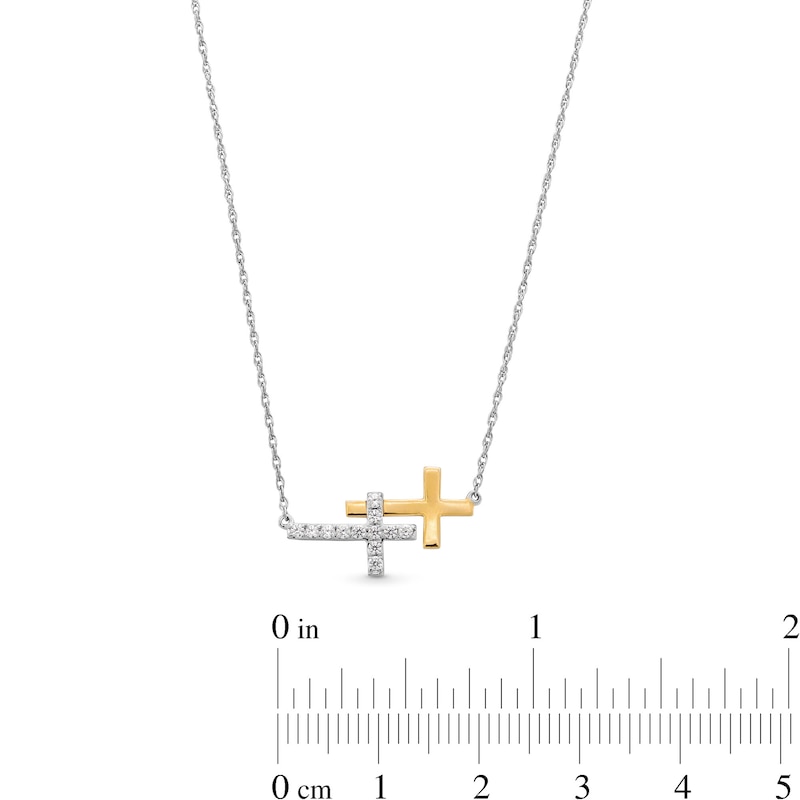 1/6 CT. T.W. Diamond and Polished Double Sideways Cross Necklace in 10K Two-Tone Gold