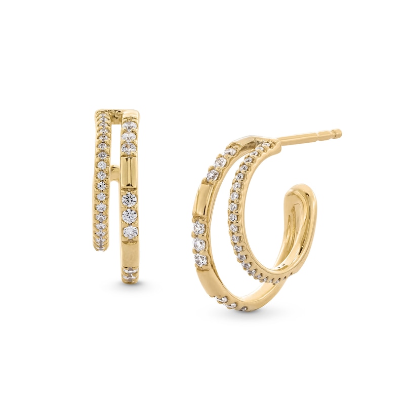 Main Image 1 of 1/3 CT. T.W. Diamond Split Double Row Open Hoop Earrings in 10K Gold