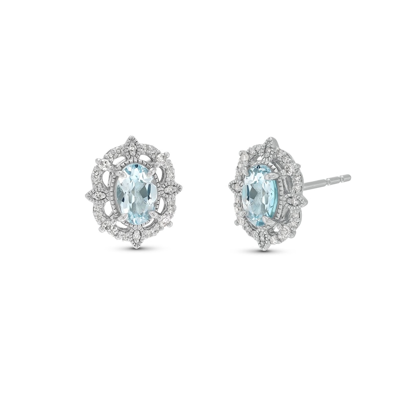 Oval Aquamarine and 1/8 CT. T.W. Diamond Art Deco Vintage-Style Stud Earrings in Sterling Silver