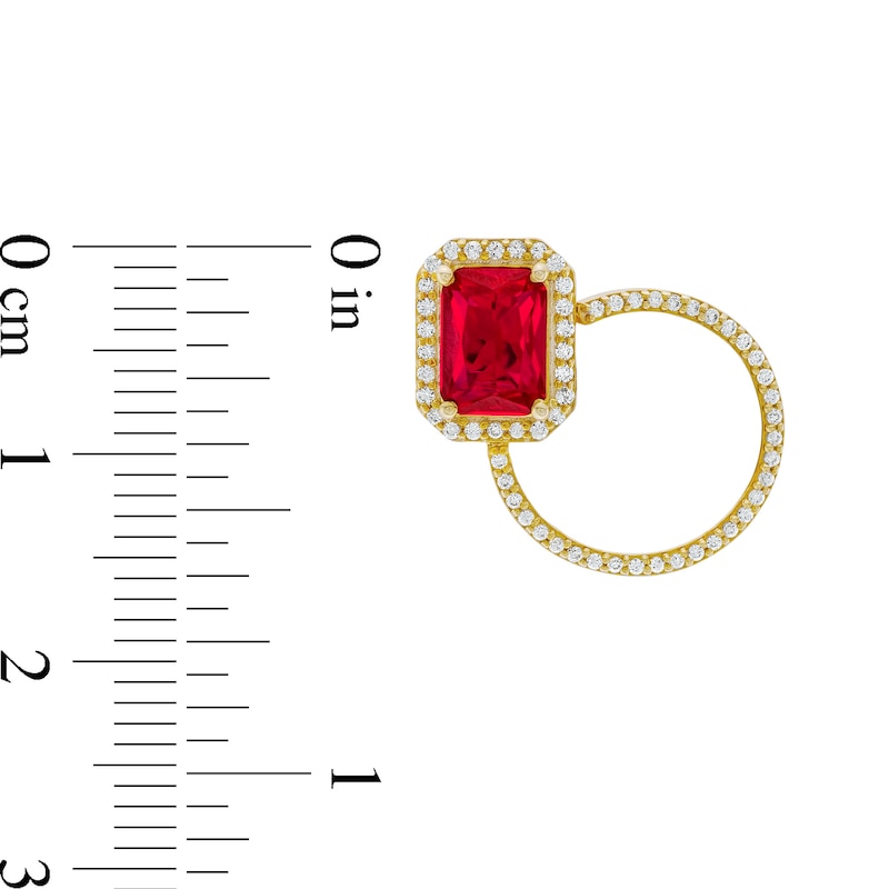 Emerald-Cut Lab-Created Ruby and White Lab-Created Sapphire Open Circle Earrings in Sterling Silver with 18K Gold Plate