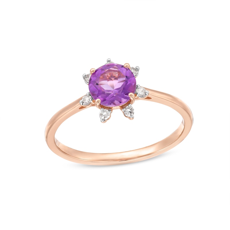 Main Image 1 of 6.0mm Amethyst and 1/10 CT. T.W. Diamond Flower Ring in 10K Rose Gold