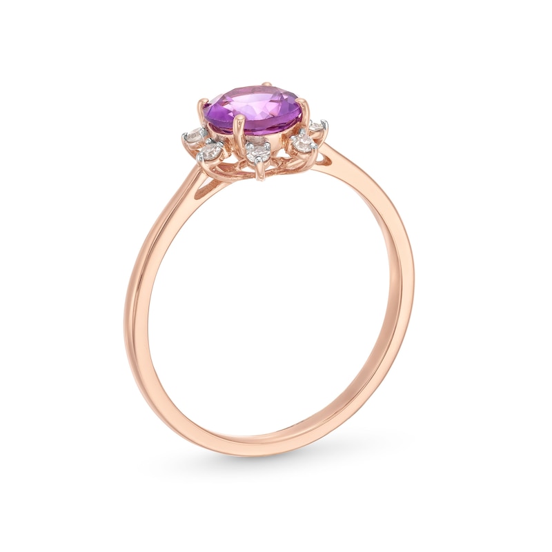 Main Image 3 of 6.0mm Amethyst and 1/10 CT. T.W. Diamond Flower Ring in 10K Rose Gold