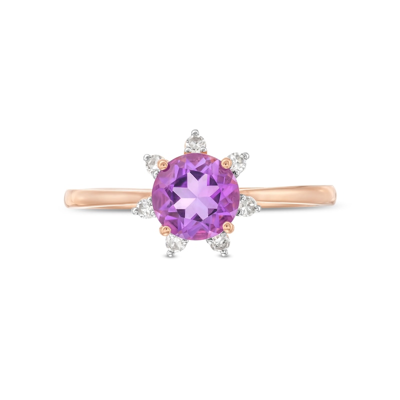 6.0mm Amethyst and 1/10 CT. T.W. Diamond Flower Ring in 10K Rose Gold