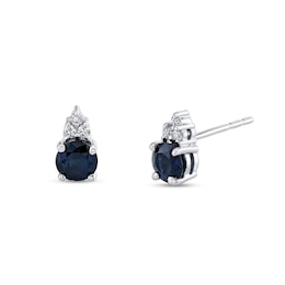 4.0mm Blue Sapphire and 1/20 CT. T.W. Diamond Tri-Top Stud Earrings in 14K White Gold