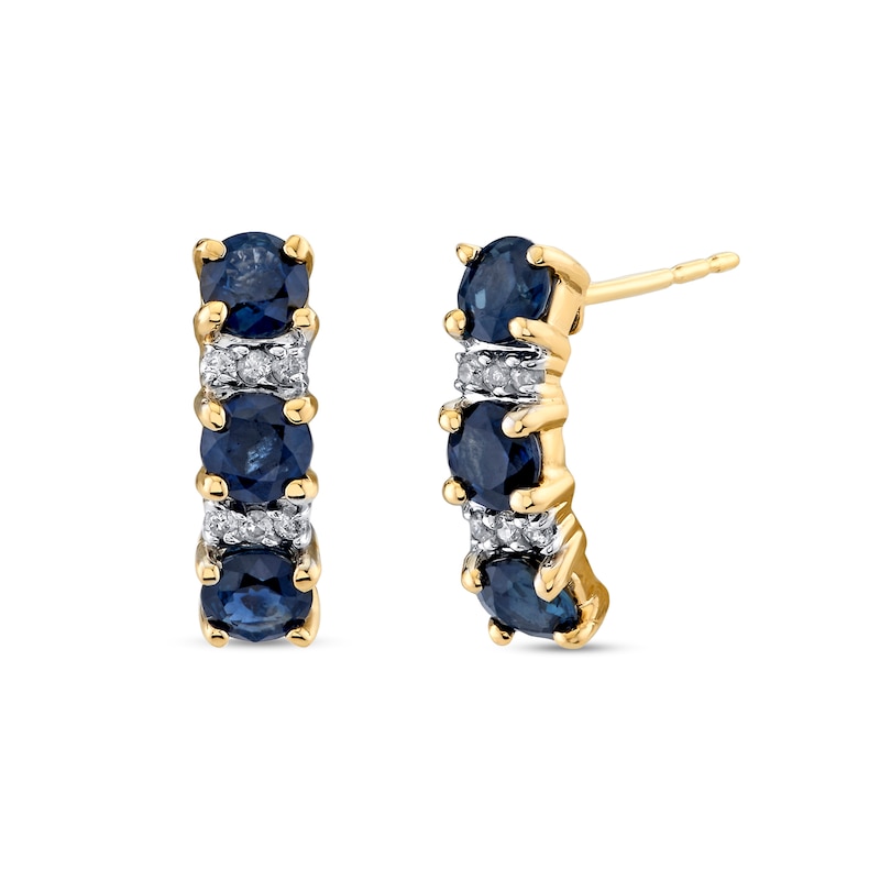 Main Image 1 of Alternating Blue Sapphire and 1/20 CT. T.W. Diamond J-Hoop Earrings in 14K Gold