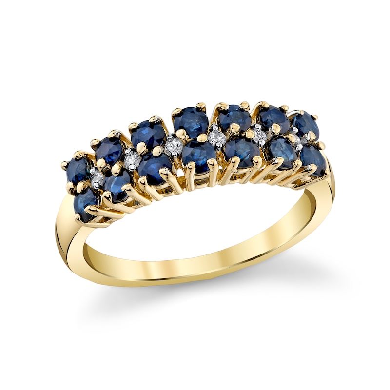 Main Image 1 of Blue Sapphire and 1/20 CT. T.W. Diamond Alternating Duos Ring in 10K Gold