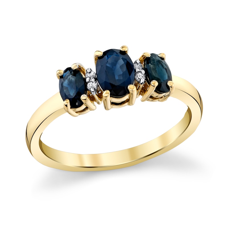 Main Image 1 of Oval Blue Sapphire and Diamond Accent Three Stone Ring in 14K Gold