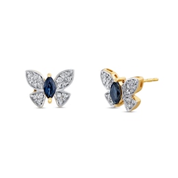 Marquise-Cut Blue Sapphire and 1/5 CT. T.W. Diamond Butterfly Stud Earrings in 14K Gold