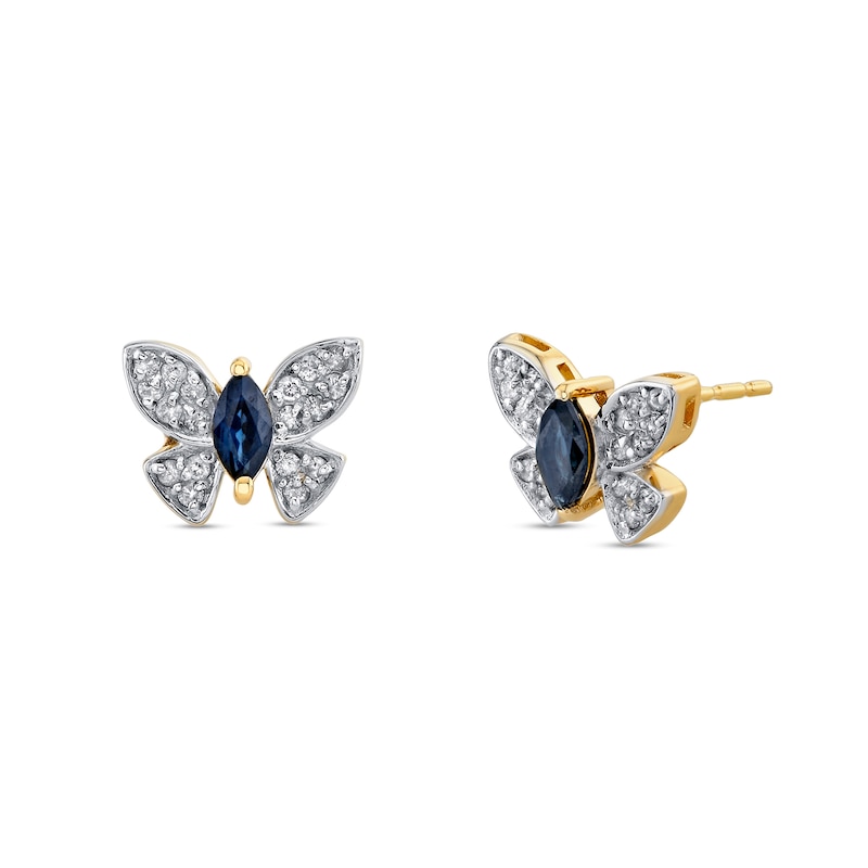 Main Image 1 of Marquise-Cut Blue Sapphire and 1/5 CT. T.W. Diamond Butterfly Stud Earrings in 14K Gold