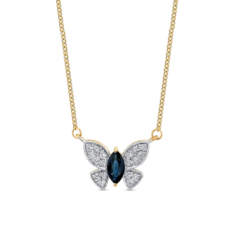 Main Image 1 of Marquise-Cut Blue Sapphire and 1/5 CT. T.W. Diamond Butterfly Necklace in 14K Gold