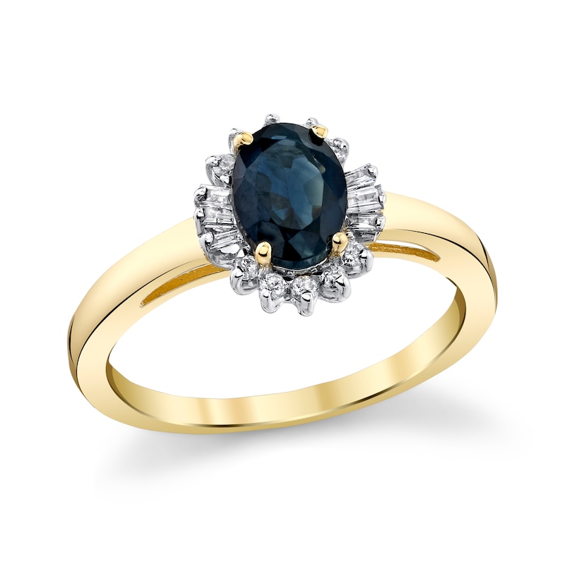 Main Image 1 of Oval Blue Sapphire and 1/5 CT. T.W. Diamond Alternating Sunburst Frame Ring in 10K Gold