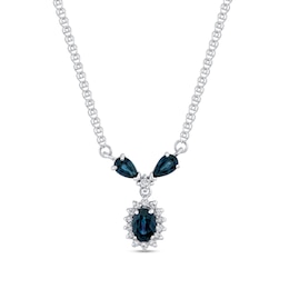 Oval and Pear-Shaped Blue Sapphire with 1/6 CT. T.W. Diamond Sunburst Frame &quot;Y&quot; Necklace in 14K White Gold - 16&quot;