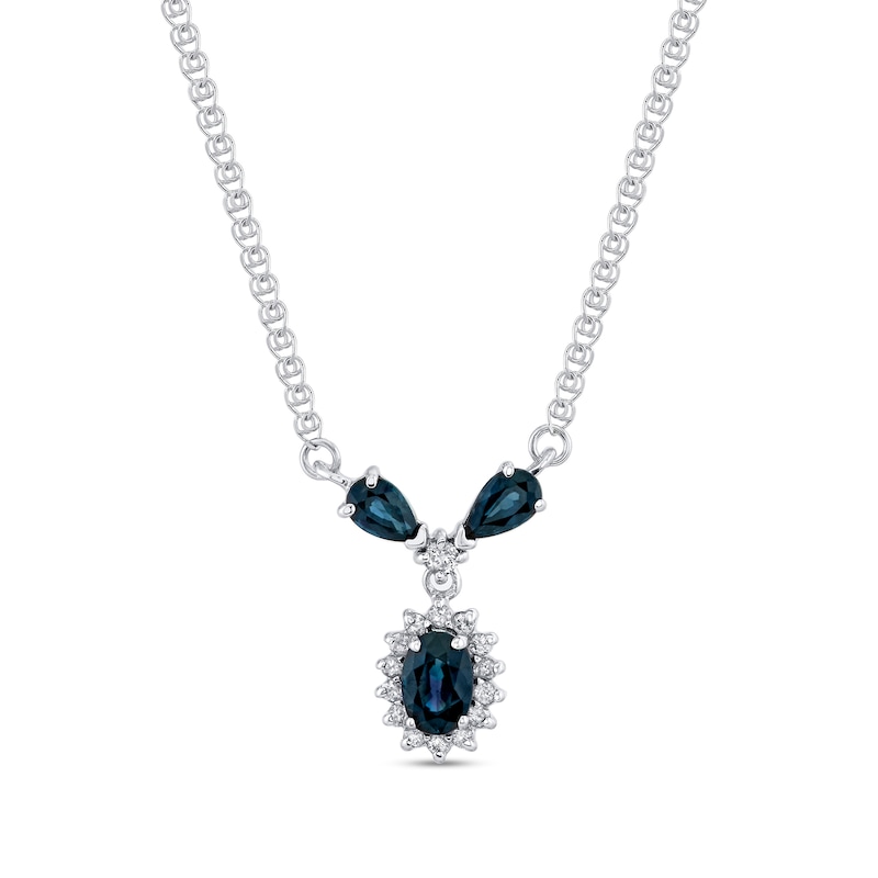 Main Image 1 of Oval and Pear-Shaped Blue Sapphire with 1/6 CT. T.W. Diamond Sunburst Frame &quot;Y&quot; Necklace in 14K White Gold - 16&quot;