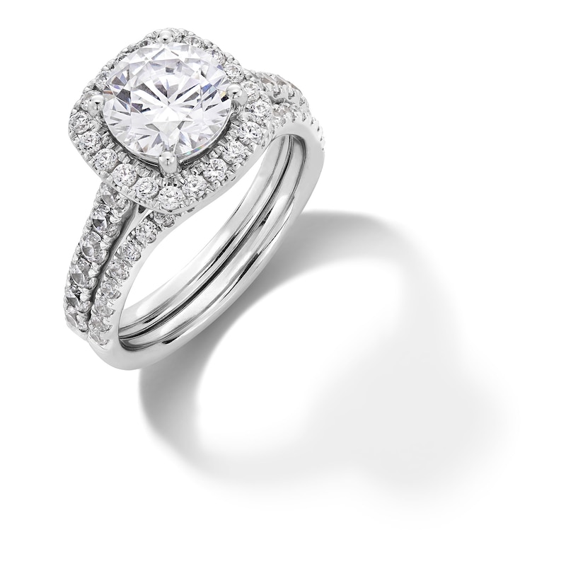 3 CT. T.W. Certified Lab-Created Diamond Cushion-Shaped Frame Bridal Set in 14K White Gold (F/VS2)