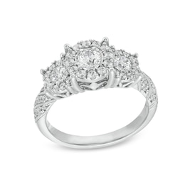 1 CT. T.W. Diamond Frame Three Stone Vintage-Style Engagement Ring in 10K White Gold