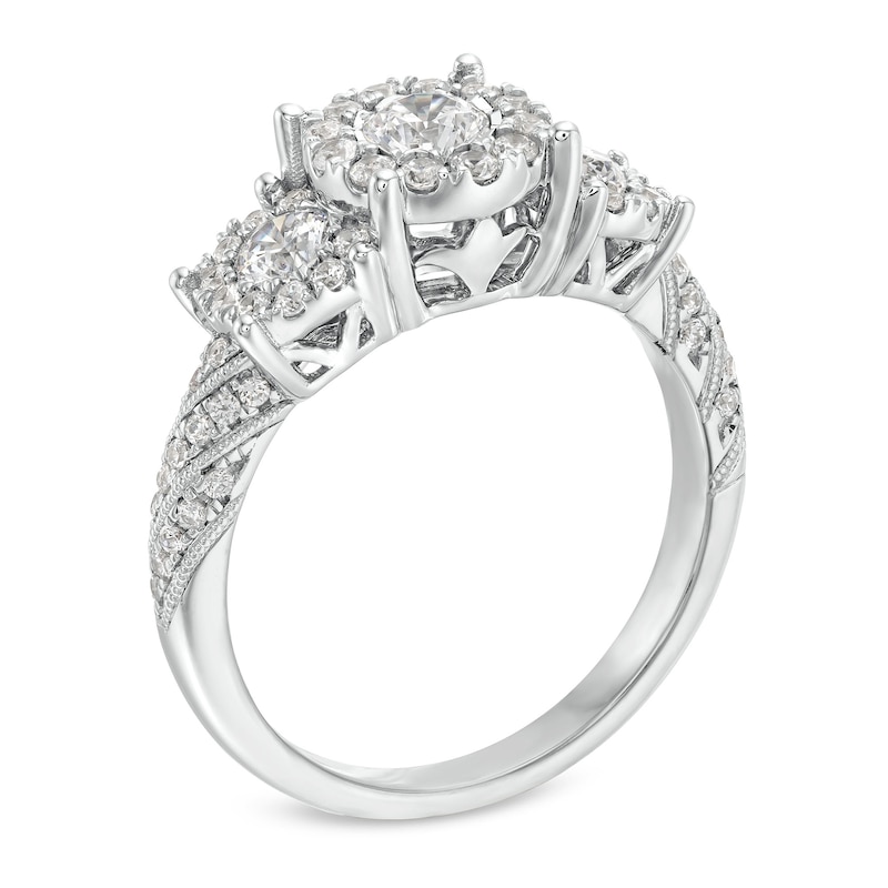 Main Image 3 of 1 CT. T.W. Diamond Frame Three Stone Vintage-Style Engagement Ring in 10K White Gold