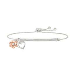 1/10 CT. T.W. Diamond &quot;mama&quot; Flower and Heart Charm Bolo Bracelet in Sterling Silver and 10K Rose Gold - 9.0&quot;