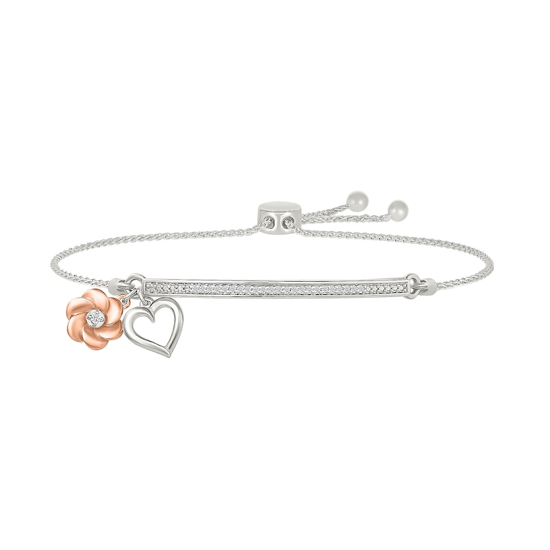 Main Image 1 of 1/10 CT. T.W. Diamond &quot;mama&quot; Flower and Heart Charm Bolo Bracelet in Sterling Silver and 10K Rose Gold - 9.0&quot;