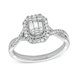 3/8 CT. T.W. Emerald-Shaped Multi-Diamond Frame Crossover Shank Vintage-Style Engagement Ring in 10K White Gold