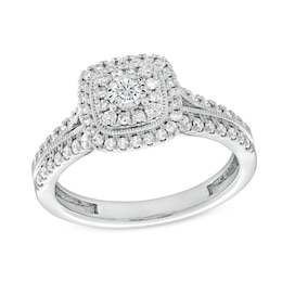 1/2 CT. T.W. Cushion-Shaped Multi-Diamond Frame Split Shank Vintage-Style Engagement Ring in 10K White Gold