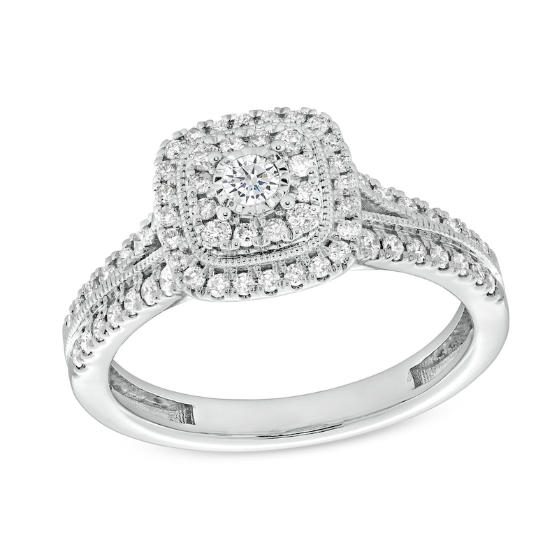 1/2 CT. T.W. Cushion-Shaped Multi-Diamond Frame Split Shank Vintage-Style Engagement Ring in 10K White Gold