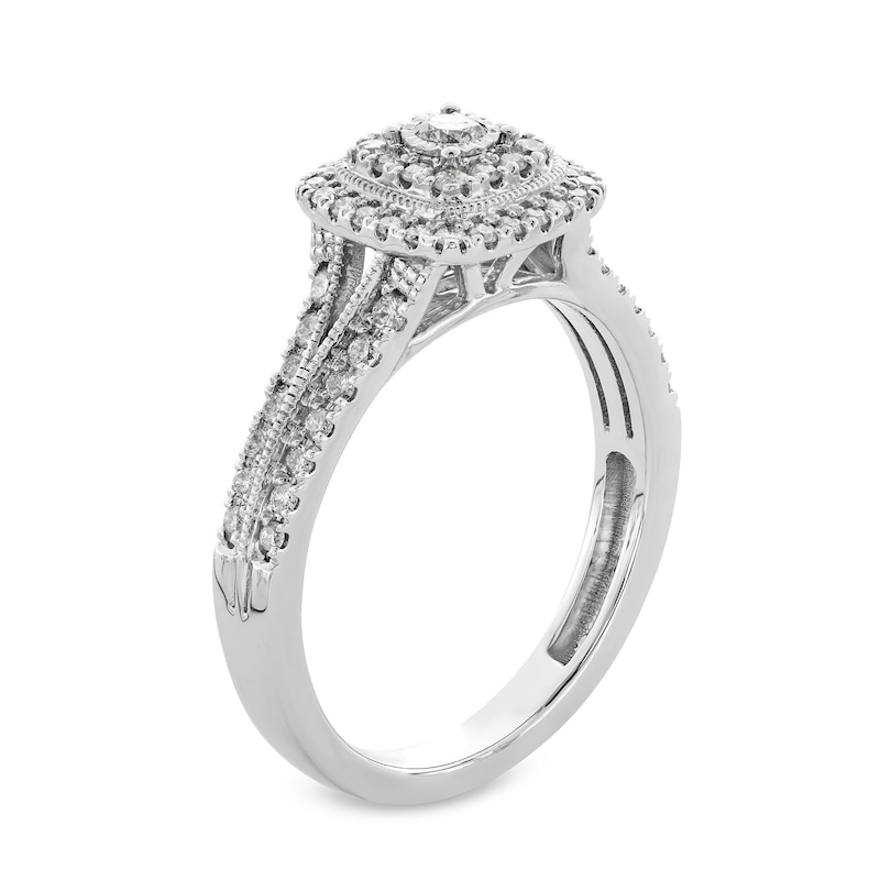 1/2 CT. T.W. Cushion-Shaped Multi-Diamond Frame Split Shank Vintage-Style Engagement Ring in 10K White Gold