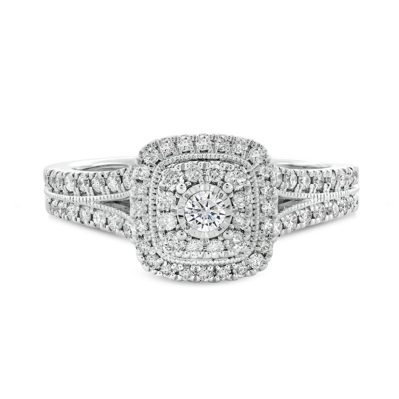 1/2 CT. T.W. Cushion-Shaped Multi-Diamond Frame Split Shank Vintage-Style Engagement Ring in 10K White Gold