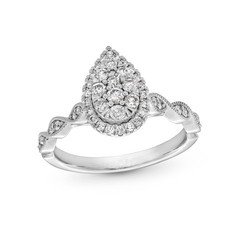 1/2 CT. T.W. Pear-Shaped Multi-Diamond Frame Scallop Shank Vintage-Style Engagement Ring in 10K White Gold