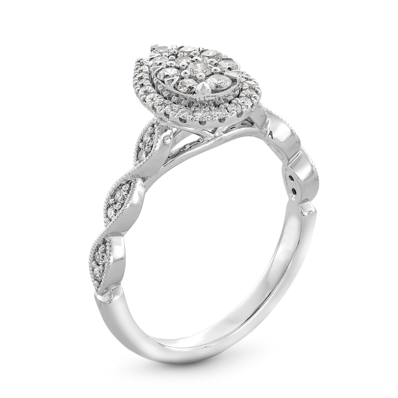 1/2 CT. T.W. Pear-Shaped Multi-Diamond Frame Scallop Shank Vintage-Style Engagement Ring in 10K White Gold