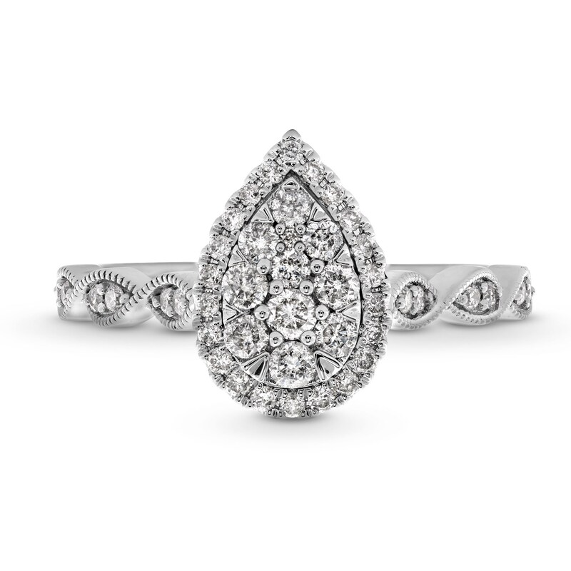 1/2 CT. T.W. Pear-Shaped Multi-Diamond Frame Scallop Shank Vintage-Style Engagement Ring in 10K White Gold